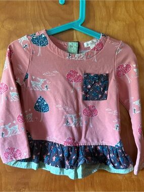 Girls' Pink Woodland Print Long-Sleeve Top with Ruffle Hem